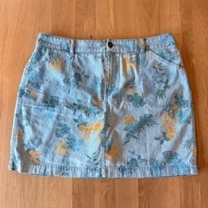 Christopher & Banks Floral Denim Skort 14 Blue Yellow Tropical Hibiscus Summer